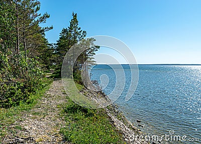 Coastal sea view from Panga cliff, blue sky and sea, summer, beautiful view of wild romantic coastal cliff landscape at the Baltic Stock Photo