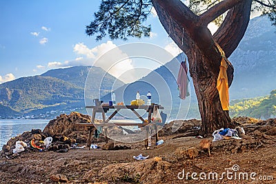 Coastal summer landscape - view of the camping site on the Lycian Way Editorial Stock Photo