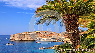 Coastal summer landscape - view of the City Harbour of the Old Town of Dubrovnik Editorial Stock Photo