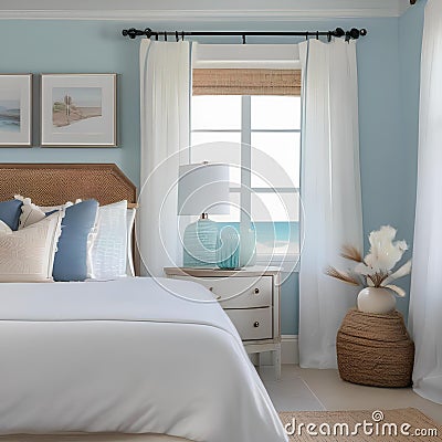 A coastal-themed bedroom with a light blue and white color scheme, seashell decor, and breezy, sheer curtains3 Stock Photo