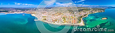 Coastal town of Posedarje waterfront and Velebit mountain aerial panoramic view Stock Photo