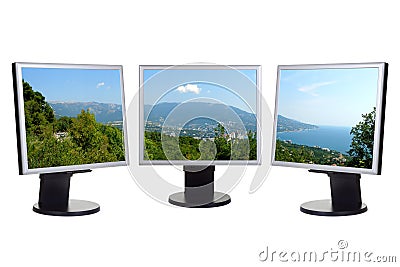 Coastal view on computer screens Stock Photo