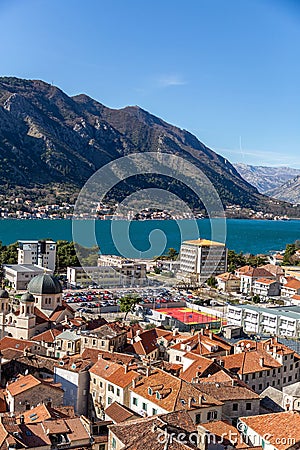 Coastal view on a sunny winter day on the Bay of Kotor, Montenegro Editorial Stock Photo