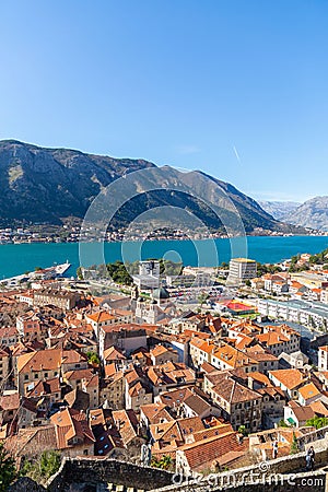 Coastal view on a sunny winter day on the Bay of Kotor, Montenegro Editorial Stock Photo