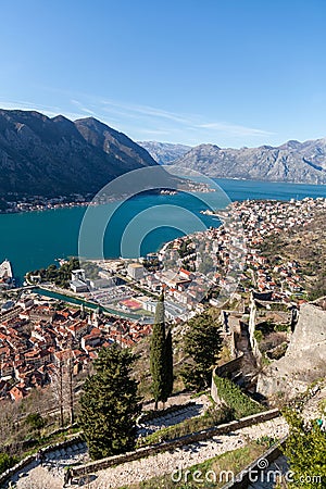 Coastal view on a sunny winter day on the Bay of Kotor, Montenegro Editorial Stock Photo