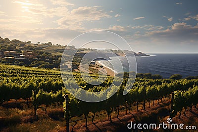 Coastal vineyard with rows of grapevines. Generative ai Stock Photo