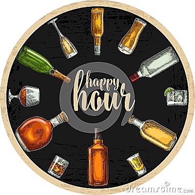 Coaster with bottle and glass with beer, whiskey, tequila, cognac, rum. Vector Illustration