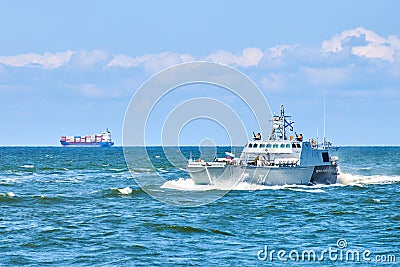 Coastguard, rescue and support patrol boat for defense sailing in Baltic Sea, navy patrol vessel Editorial Stock Photo