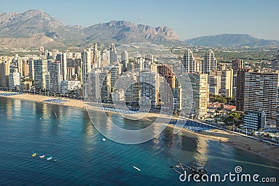 Coastline of a Benidorm. Aerial view of Benidorm, with beach and Stock Photo