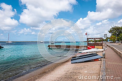 Upside-down boats on the quay in Kralendijk, Bonaire Island. Stock Photo