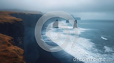 A coastline with large rocks and cliffs, with waves crashing against them with a cloudy sky. Generative AI Stock Photo