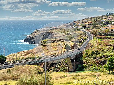 Coastline Madeira with Highway along Santa Cruz and a view at the airport Stock Photo