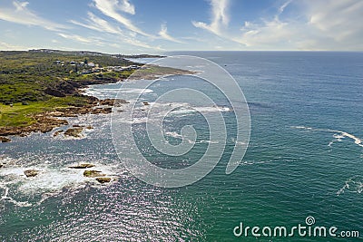 The coastline and Tasman Sea viewed from Birubi Point in regional Australia Stock Photo