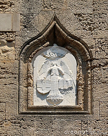 Coat of arms above Gate D`Amboise, fortifications of Rhodes, Rhodes Fortress, Old Town of Rhodes Stock Photo