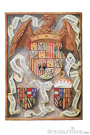 Coat of Arms of Catholic Monarchs of Spain, John Prince of Asturias and Dona Joanna of Castile Editorial Stock Photo