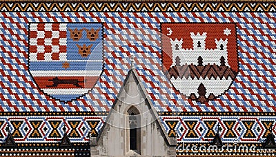 Coat of arms of the Kingdom of Croatia, Slavonia and Dalmatia and the City of Zagreb, St Mark`s church in Zagreb Stock Photo