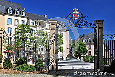 Coat of arms of the Luxembourg state represented on the entrance gate of the ministry of Foreign affaires Editorial Stock Photo