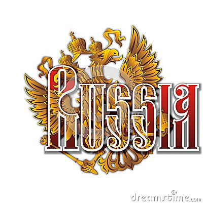 Coat of arms of the Russian Federation with the inscription Russia. In English. Stock Photo