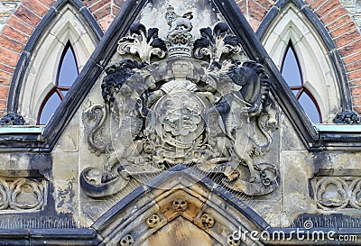 Coat of Arms sculpture above the entrance of East Block Parliament Buildings Stock Photo
