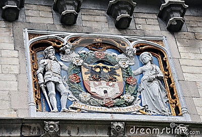Coat of arms, Steen castle in Antwerp city, Belgium Editorial Stock Photo
