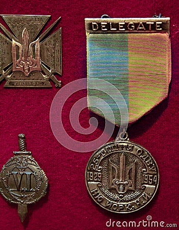 Coat of arms of Ukraine on ancient orders and medals. Ukrainian symbol. Flag and symbols. Editorial Stock Photo