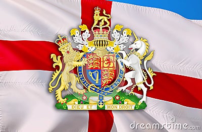 Coat of arms of United Kingdom on England flag. UK Royal National Symbol, 3D Rendering. British Royal flag. UK flag and sign of Stock Photo
