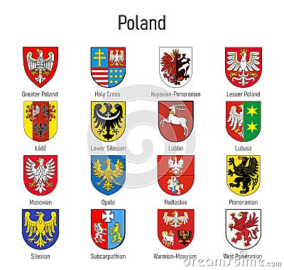 Coat of arms of the voivodship of Poland, All Polish regions emblem Stock Photo