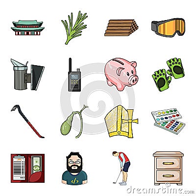 Coat, smoke, beekeeping and other web icon in cartoon style.stick, chest, drawers icons in set collection. Vector Illustration