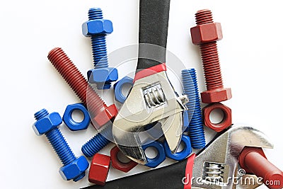 Coated stud and bolt with spanner Stock Photo