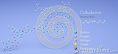 cobalamin, vitamin b12, molecular structures, 3d model, Structural Chemical Formula and Atoms with Color Coding Stock Photo