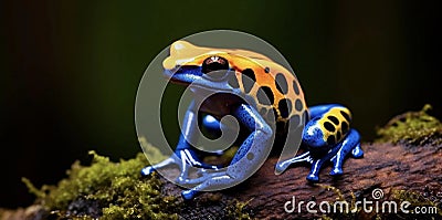 cobalt blue and orange poison dart frog, ultra high detail, subtropical lowland forest background Stock Photo