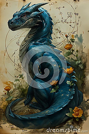 Cobalt Guardian: The Majestic Blue Dragon of Spring's Blooming B Stock Photo