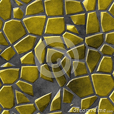 Cobble stones mosaic pattern texture seamless background - pavement yellow gold natural colored pieces on gray concrete Stock Photo