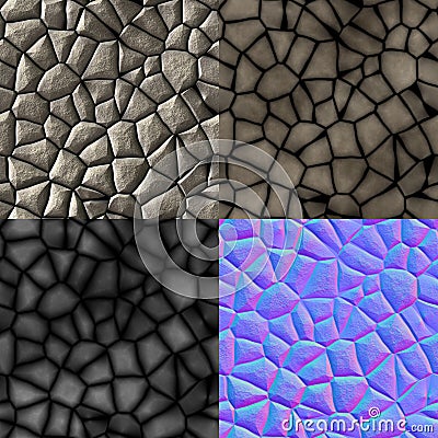 Cobble stones seamless generated texture (diffuse, bump, normal) Stock Photo