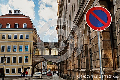 Cobble streets with vintage lanterns street lamps of the old historical center of Dresden, Germany Stock Photo