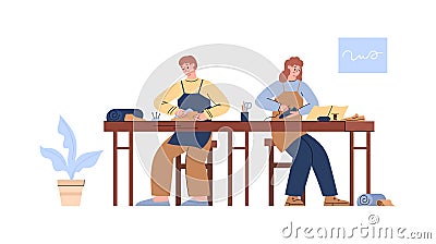 Cobbler man and woman manufacture shoe at footwear factory, flat vector illustration isolated on white background. Vector Illustration