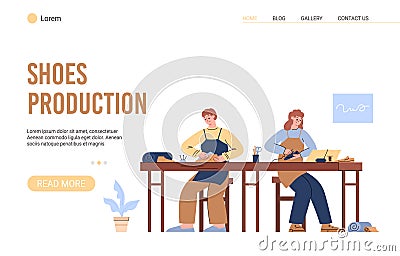 Cobbler manufacturing shoes at footwear factory, landing page template - flat vector illustration. Vector Illustration