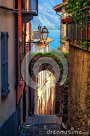 Cobblestone alley in Rezzonico (Lake Como) Stock Photo