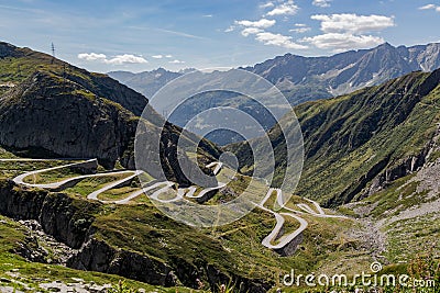 Panoramic view of the road tremola in Airolo, Ticino. Sunny day with clouds Stock Photo