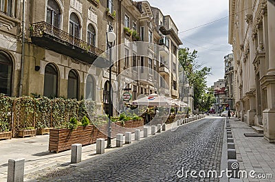 Cobblestone street in Bucharest Editorial Stock Photo