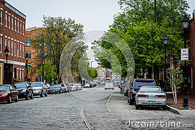 Cobblestone street in Fells Point, Baltimore, Maryland. Editorial Stock Photo