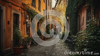 Cobblestone street in rome, italy with plants and pots on the side of the street Stock Photo