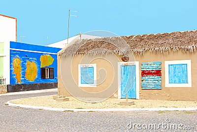 African vintage cafe bar colorful houses, Palmeira, Cape Verde Editorial Stock Photo