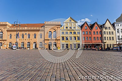 Cobblestones at the colorful market square of Schwerin Editorial Stock Photo