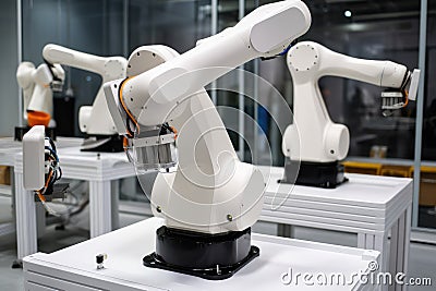 Cobot, collaborative robot. These robots are collaborative because they can safely work together with people. AI generative Stock Photo