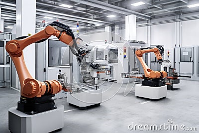 a cobot performing precise tasks on a factory line, with other robots nearby Stock Photo