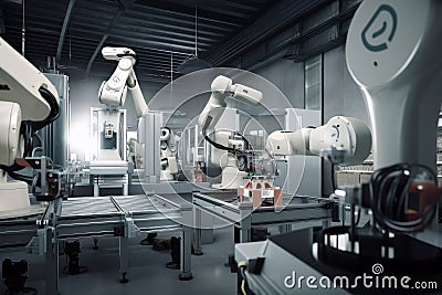 a cobot performing precise tasks on a factory line, with other robots nearby Stock Photo