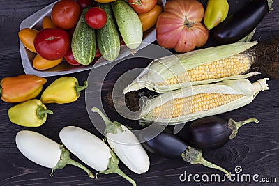 cobs of sweet corn, cucumbers, yellow and red tomatoes, peppers and white and black eggplants Stock Photo