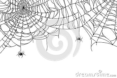 Cobweb background. Scary spider web with spooky spider, creepy arthropod halloween decor, net texture tattoo design Vector Illustration