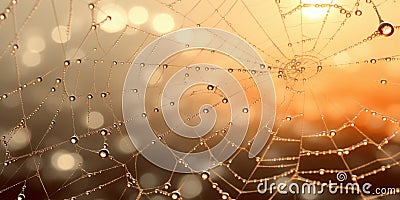 Cobweb or spiderweb natural rain pattern background close-up. Cobweb with drops of rain pattern in blue light. Cobweb Stock Photo